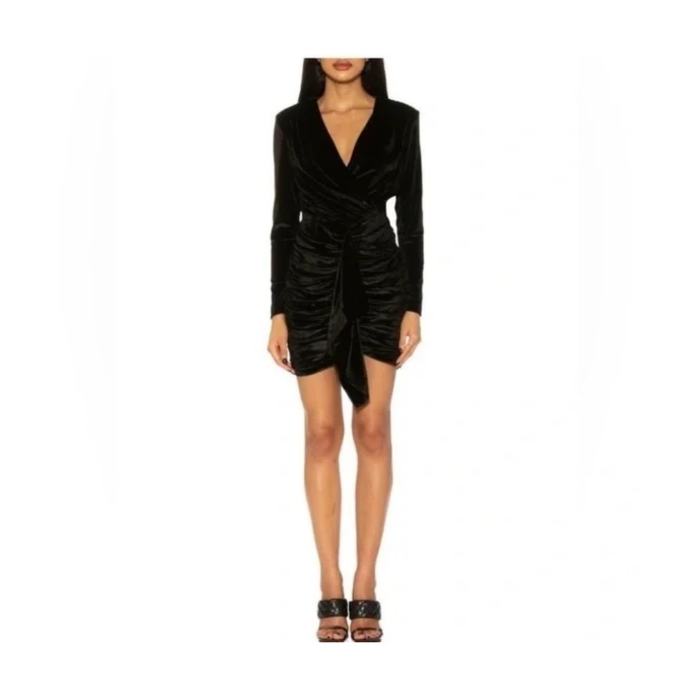 Alexia Admor Black Velvet Ruched Wrap V Neck Long Sleeve Mini Dress evening M